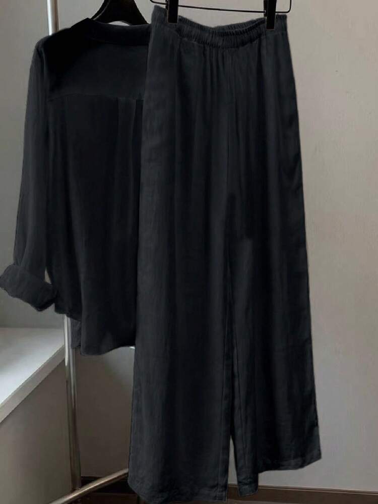 SHEIN Franclia Nieuwe vintage linnen casual broek met lange mouwen en trekkoord, effen kleur, met paardenborduurwerk, rechte pijpen, plus size, dames 2-delige set - Zwart - Bekijken 2