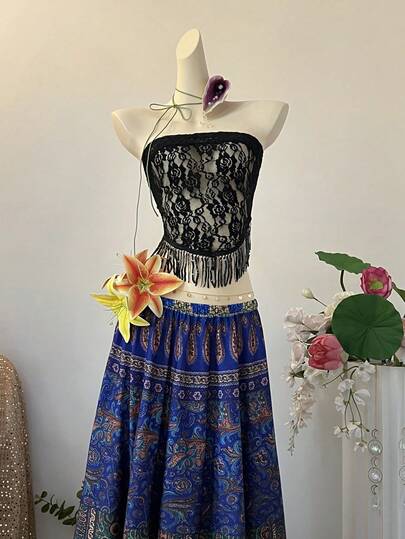 INAWLY Women's Solid Color Lace Sheer Fringe Hem Bandeau Sleeveless Top