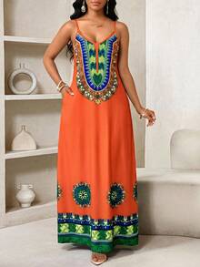 SHEIN Lady Women's Fashionable Black Printed Spaghetti Strap Dress, Summer - Multicolor - View 1