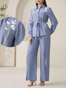 Veilorie Women's Front Button Long Sleeve Casual Elegant Shirt And Pants 2 Pieces Set - Blue - View 1