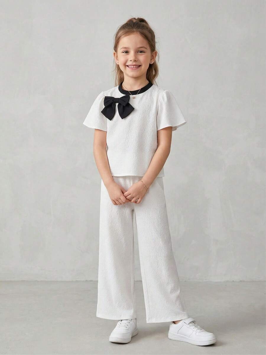 Maija Kids Maija Kids 2pcs/Set Tween Girl Contrast Color Bow Round Neck Short Sleeve Top And Elastic Waist Pants - Black and White - View 1