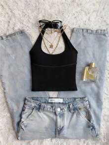 Camiseta de tirantes ajustada y casual con cuello halter, adecuada para el verano - Negro - Ver 4