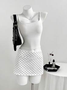 SHEIN Unity 女士夏季浪漫波点印花迷你裙，百搭日常穿着，适合校园/学校风格，黑白裙裤，女士短裙，黑白短裤，泳装裙 - 白色 - 查看 4