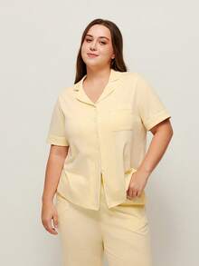 LUVLETTE 夏季女士加大码黄色柔软100%纯棉睡衣套装，女士家居服套装，带口袋长裤，适合曲线身材，大码睡衣 - 黃色 - 查看 5