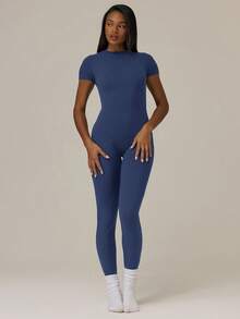 MUSERA ESSENTIALS 柔软触感短袖修身连体衣，基本款可爱休闲夏季度假节日音乐会秋季日常春季优雅 - 藏蓝色 - 查看 4