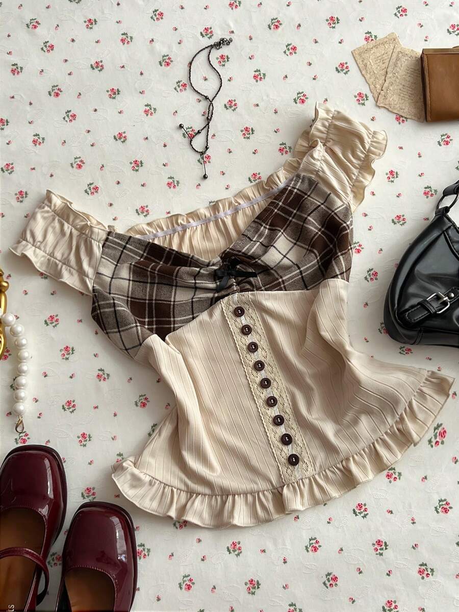 Glimmora 女士格子印花纽扣荷叶边下摆优雅衬衫 - 杏色 - 查看 1