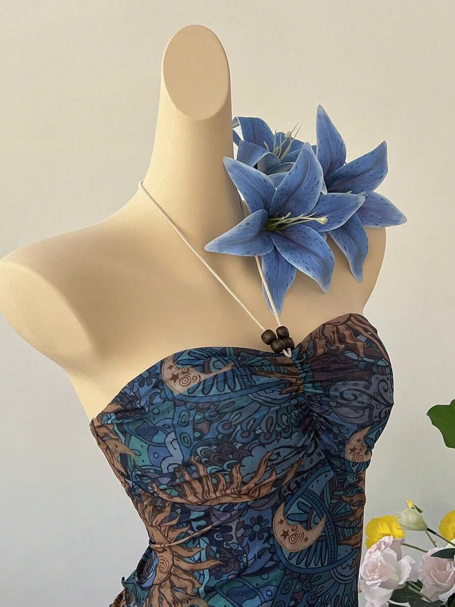 SuriyaCove 女士露背无袖印花上衣 - 藍色 - 查看 1