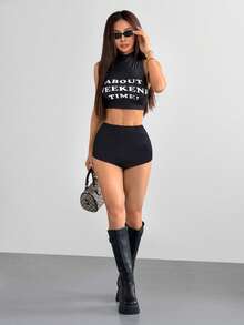 valorelle valorelle 2pcs/Set Women High Neck Sleeveless Letter Print Crop Top And Matching Skinny Shorts 2 Pieces Short Sets Woman Women's 2 Pieces Outfit Tank Top And Shorts Set Vest And Shorts Set - Multicolor - View 4