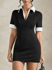 Briarwyn Vestido casual ajustado de manga corta con cuello de color contrastante para mujer - Blanco y Negro - Ver 3