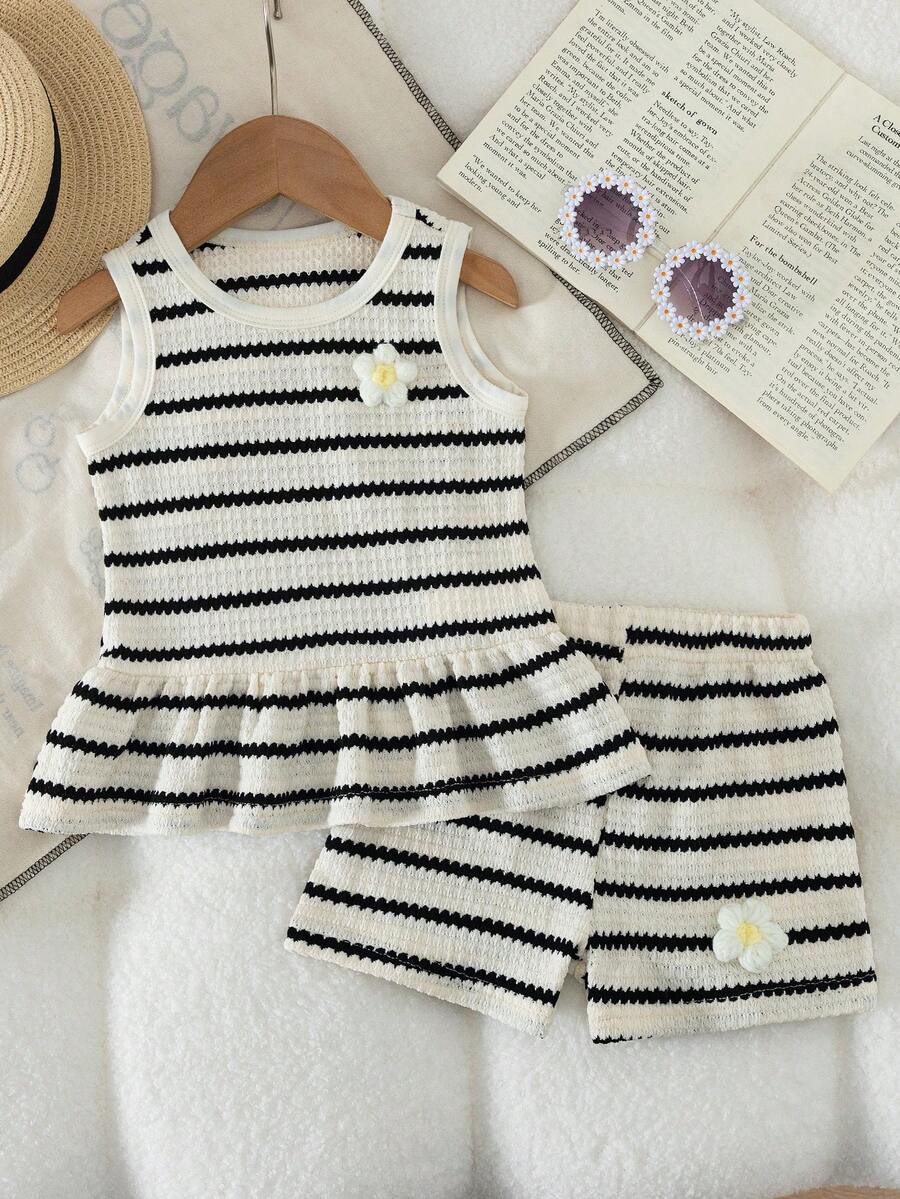 SHEIN 2025夏季新款女婴碎花彩虹条纹针织无袖上衣+舒适阔腿短裤套装 - 黑與白 - 查看 1
