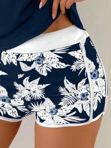 Swim Lushoire Women's Spring Break Beach Vacation 3-Piece Set: Floral Print Bikini & Crop Top - Navy Blue - View 5