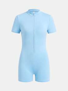 SHEIN Tween Girls Zip Up Half Zip Unitard,Back To School,Leisure Outing - Baby Blue - View 3