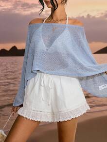 Poéselle 女士休闲镂空刺绣荷叶边短裤 - 白色 - 查看 3