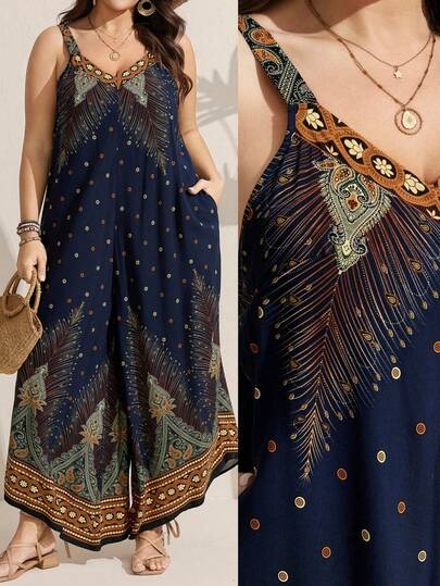 Comfylo Plus Size Jumpsuit, Plus Size Floral Print Jumpsuit, Asymmetrical Hem Design, With Pockets, Tropical Print, Vacation Jumpsuit, Beach Outfit Boho Jumpsuit For Women Women Jumpsuits Loose Jumpsuits For Woman Jumpsuits For Woman Wide Leg Women Summer Clothes Music Festival Jumpsuit Boho Summer Jumpsuit Women Peacock Print Jumpsuit Paisley Print Jumpsuit