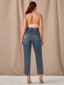 SHEIN Rhinestone Floral Details, Mom Fit, Relaxed, High Waist, Denim Pants, Jeans - Medium Wash - View 2