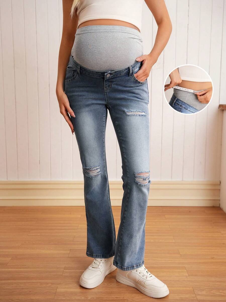SHEIN Maternity Skinny Stretch Denim Jeans With Side Slit - Medium Wash - View 1