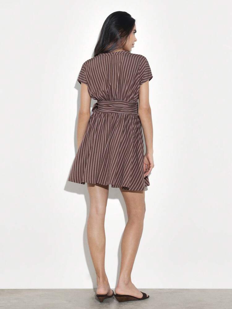 KSTM Women's Striped Wrap Mini Dress With Short Sleeves And Tie Waist Detail For Summer Casual Occasions