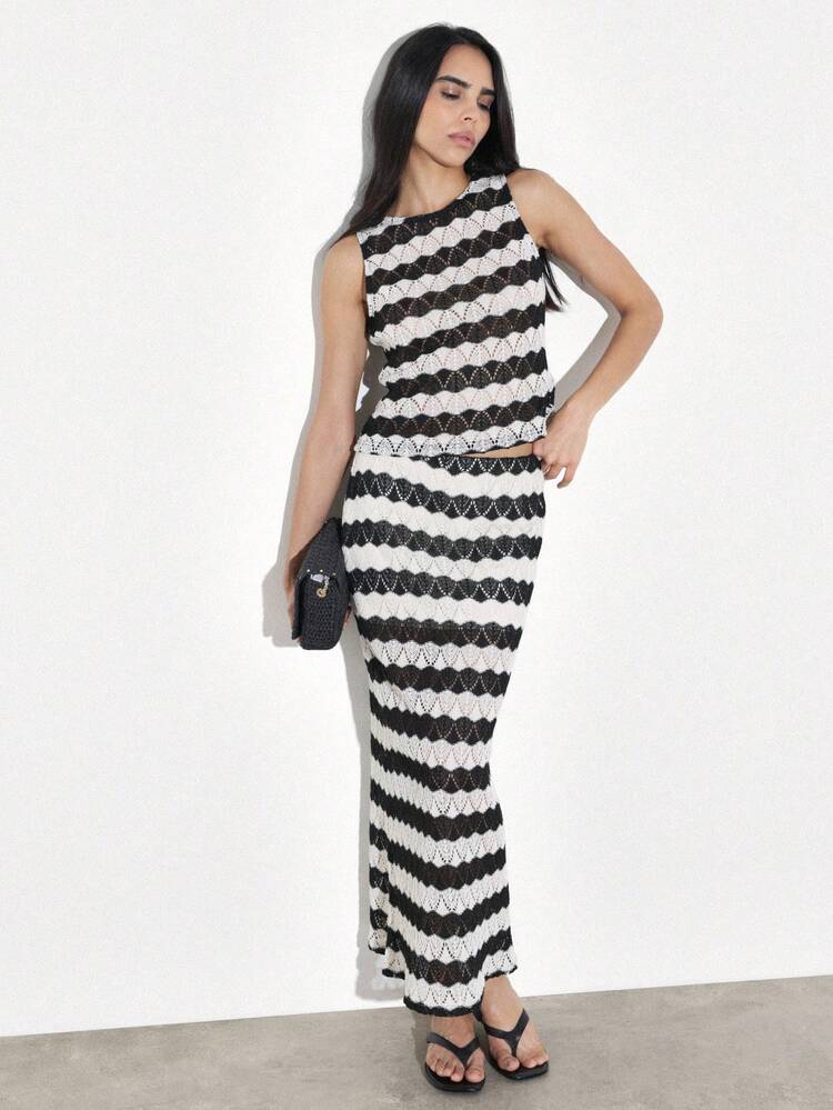 KSTM Spódnica maxi damska szydełkowa z koronką w poziome paski, długa, dopasowana, letnia, plażowa, do kostek