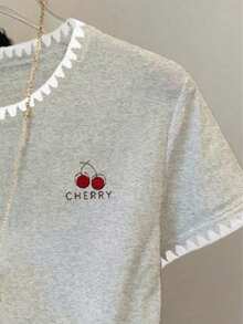 1pc Tween Girl Grey Summer Casual Cute School T-Shirt,Cherry Letter Print,Short Sleeve,Embroidered Collar Decor,Loose Fit,Versatile Style For Spring - Grey - View 3
