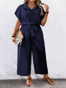 SHEIN LUNE CURVE Bộ áo liền quần nữ cỡ lớn, màu trơn, tay ngắn, cổ bẻ, thắt lưng, có túi, kiểu dáng thường ngày. - màu đen - Xem 5