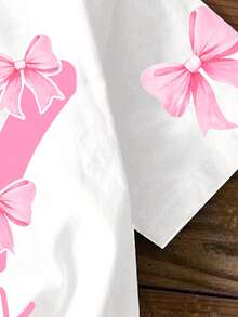 少女休闲简约个性酷炫数字67，蝴蝶结装饰，白色短袖圆领印花T恤，适合夏季穿着 - 彩色 - 查看 5