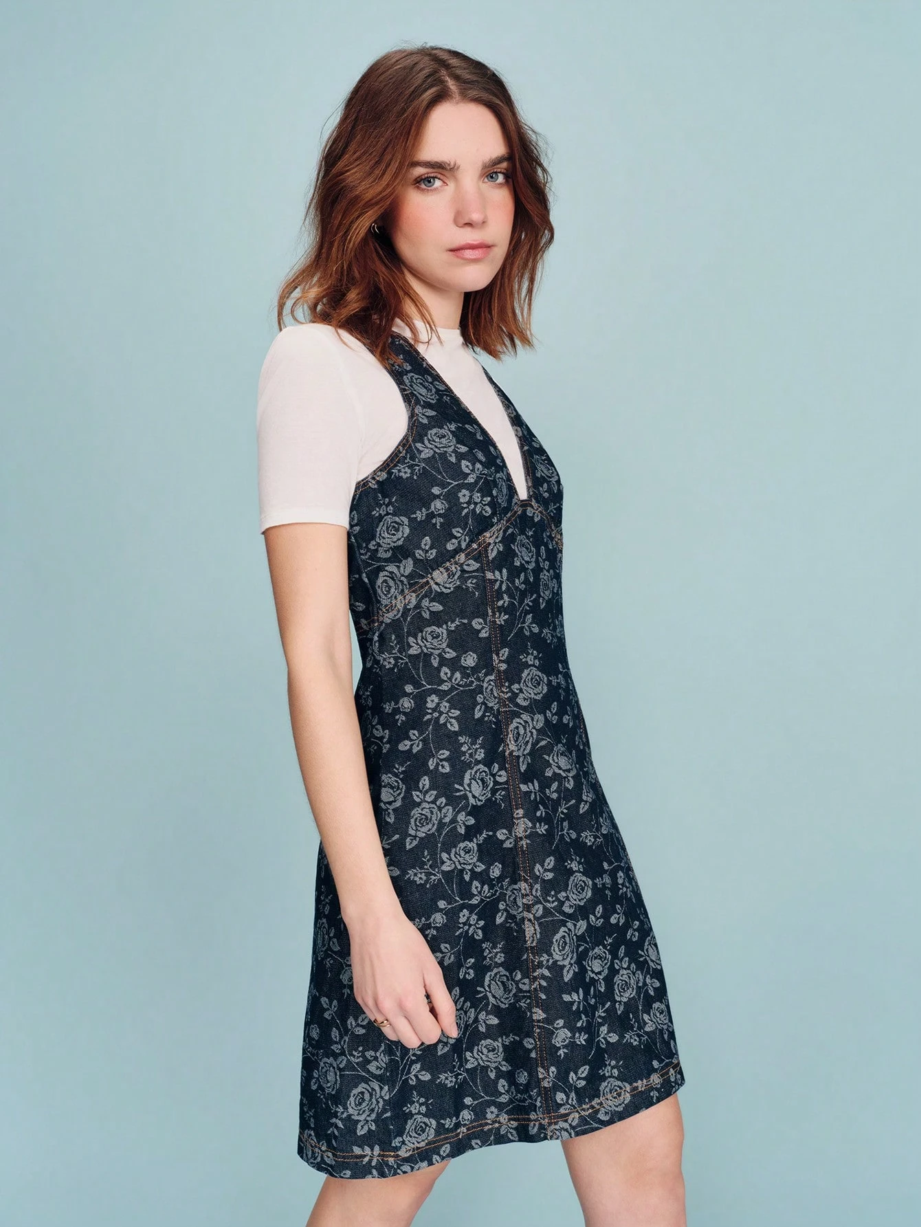 デニム フローラル プリント Vネック ミニドレス ヴィンテージ かわいい フレンチスタイル 春