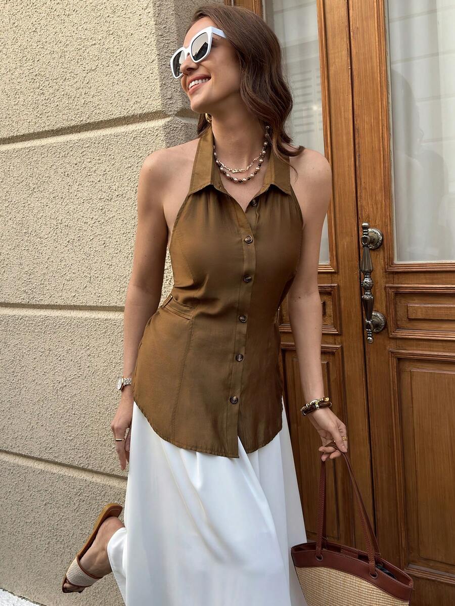 Solivie Women's Spring/Summer Halter Neck Cinched Waist Blouse, Versatile Elegant For Outings, Commute And Vacation Summer Outfits Easter Beach Vacation Outfits Women Work Outfits For Women  Brown Top - Khaki - View 1