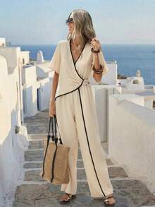 Breezaya 女士优雅宽松交叉领撞色饰边腰部阔腿连体裤，夏季 - 卡其色 - 查看 7