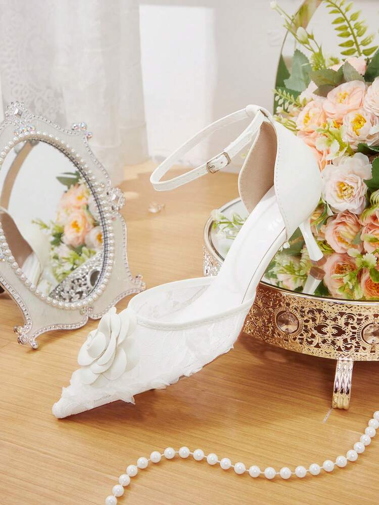 CUCCOO HITCHD Women Shoes Summer And Summer Fairy Gentle Lace Three-Dimensional Flower Pointed Back Bag Buckle Strap Heel 6.5cm Women's High Heel Shoes Elegant Solid Color Wedding Shoes Dating Valentine's Day Summer Shoes Wedding Shoes Bride Shoes