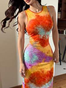 SHEIN EZwear 女士修身夏季印花吊带紧身长裙 彩虹连衣裙 扎染连衣裙 长款紧身连衣裙 多色连衣裙 日落色连衣裙 无袖连衣裙 长款连衣裙 扎染连衣裙 女士连衣裙 彩色连衣裙 - 彩色 - 查看 6