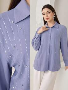 Veilorie 女士纯色落肩长袖纽扣前开襟休闲宽松衬衫 - 霧霾藍 - 查看 1