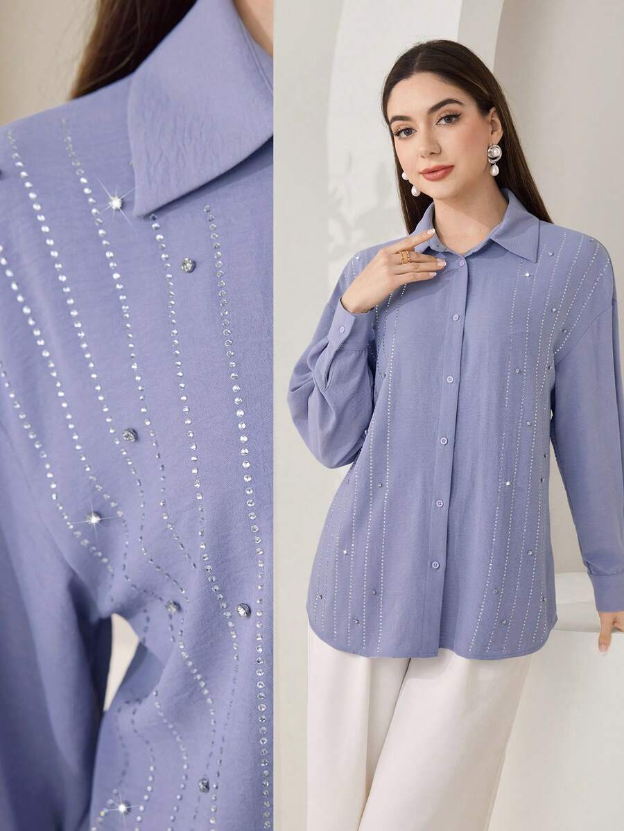 Veilorie 女士纯色落肩长袖纽扣前开襟休闲宽松衬衫 - 霧霾藍 - 查看 1