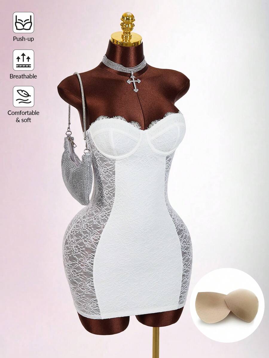 Amplova 蕾丝侧边透视迷你紧身连衣裙，适合派对穿着 - 白色 - 查看 1