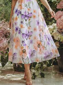 Balvessa French Print Loose Sleeve Elastic Cuff Waist Drape Flowy Dress For Women - Multicolor - View 4