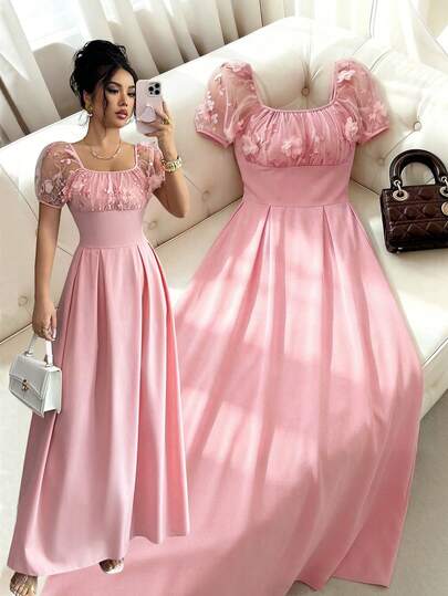 Elenzga Vestido de mujer de moda con cuello cuadrado, mangas abultadas, encaje floral, cintura ajustada, romántico, elegante, casual, para ir a trabajar, citas, fiestas y cenas, color rosa, primavera/verano