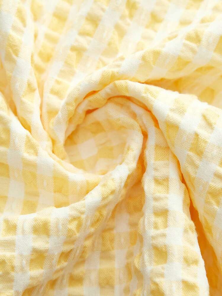 Butter Yellow Gingham Top With A Wide Peter Pan Collar, Ruffle Detailing, And Contrasting Trim Cute Style Spring Summer French Style Parisian Style Vacation Top Vintage Top
