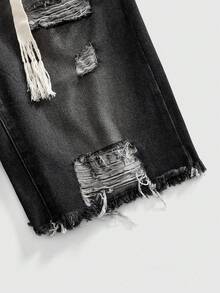 ROMWE MEN New Summer Men's Heavy-Weight Distressed Loose Casual Denim Shorts - Black - View 4
