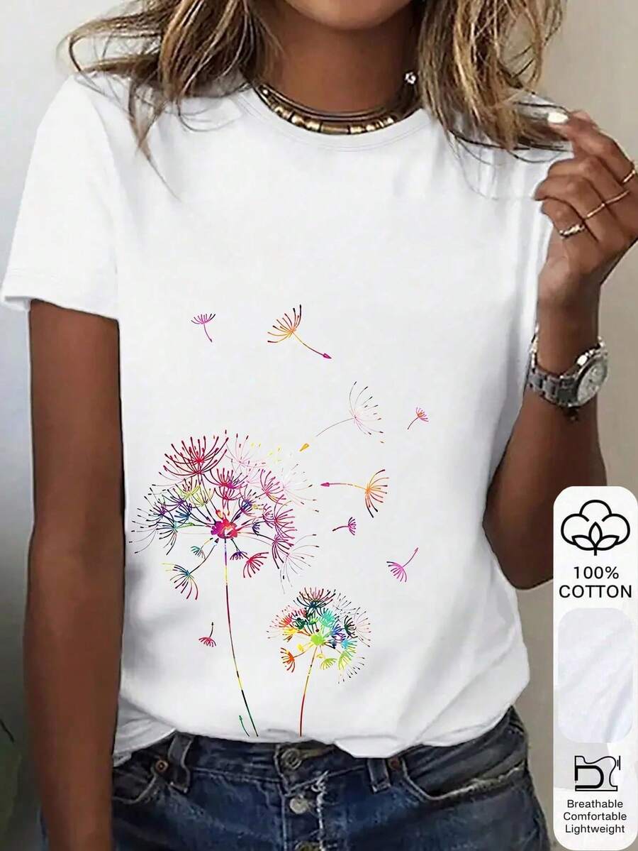 EMERY ROSE Women's Round Neck Short Sleeve Dandelion Print Casual T-Shirt - White - View 1