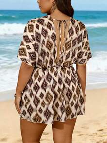 INAWLY Plus Size Women Deep V-Neck All-Over Print Fashionable Versatile Casual Top - Multicolor - View 2
