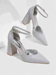 CUCCOO SZL 女士尖头粗跟踝带时尚优雅高跟鞋 - 銀色 - 查看 1