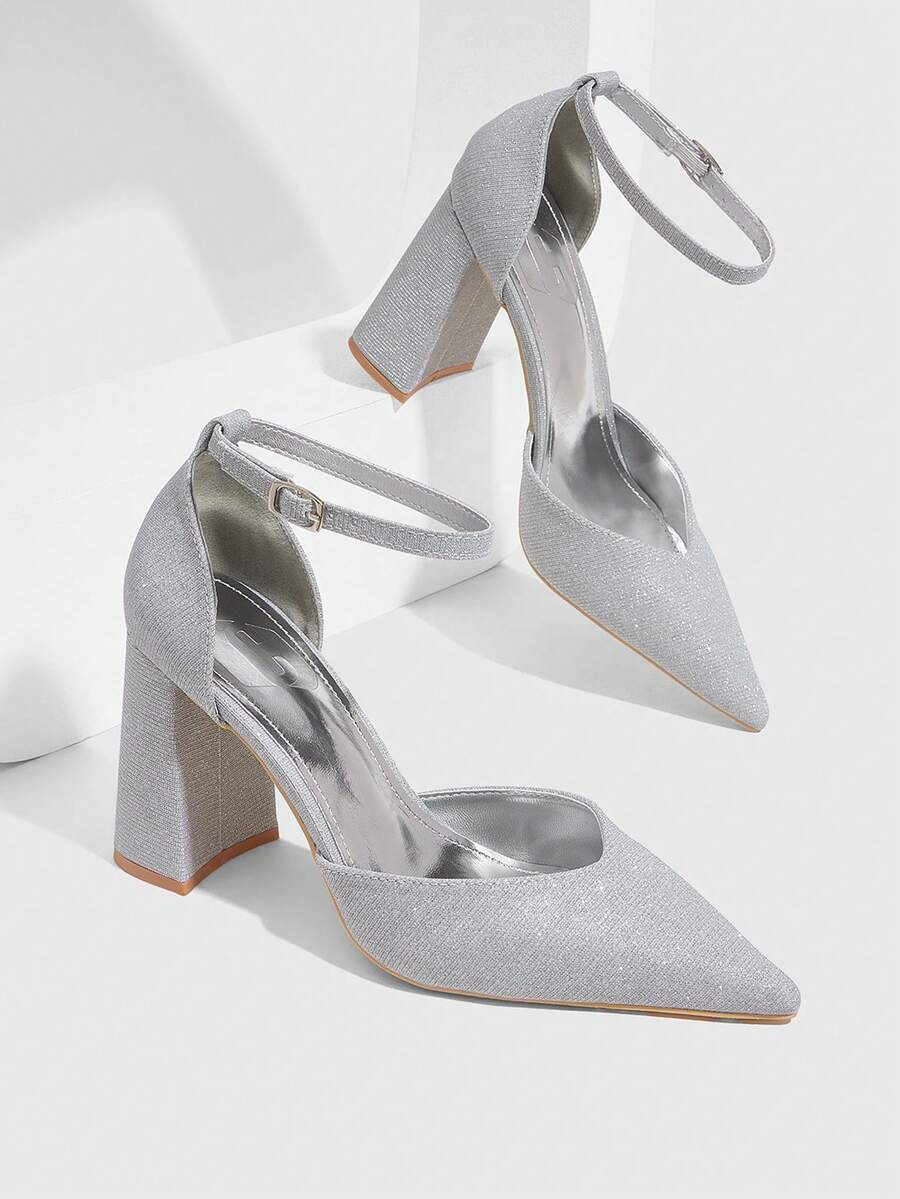CUCCOO SZL 女士尖头粗跟踝带时尚优雅高跟鞋 - 銀色 - 查看 1