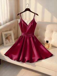 SHEIN Clasi Plus Size Women's Elegant Romantic 3D Pearl Decor Camisole Waist Slimming Short Satin Burgundy Dress, Summer - Burgundy - View 1