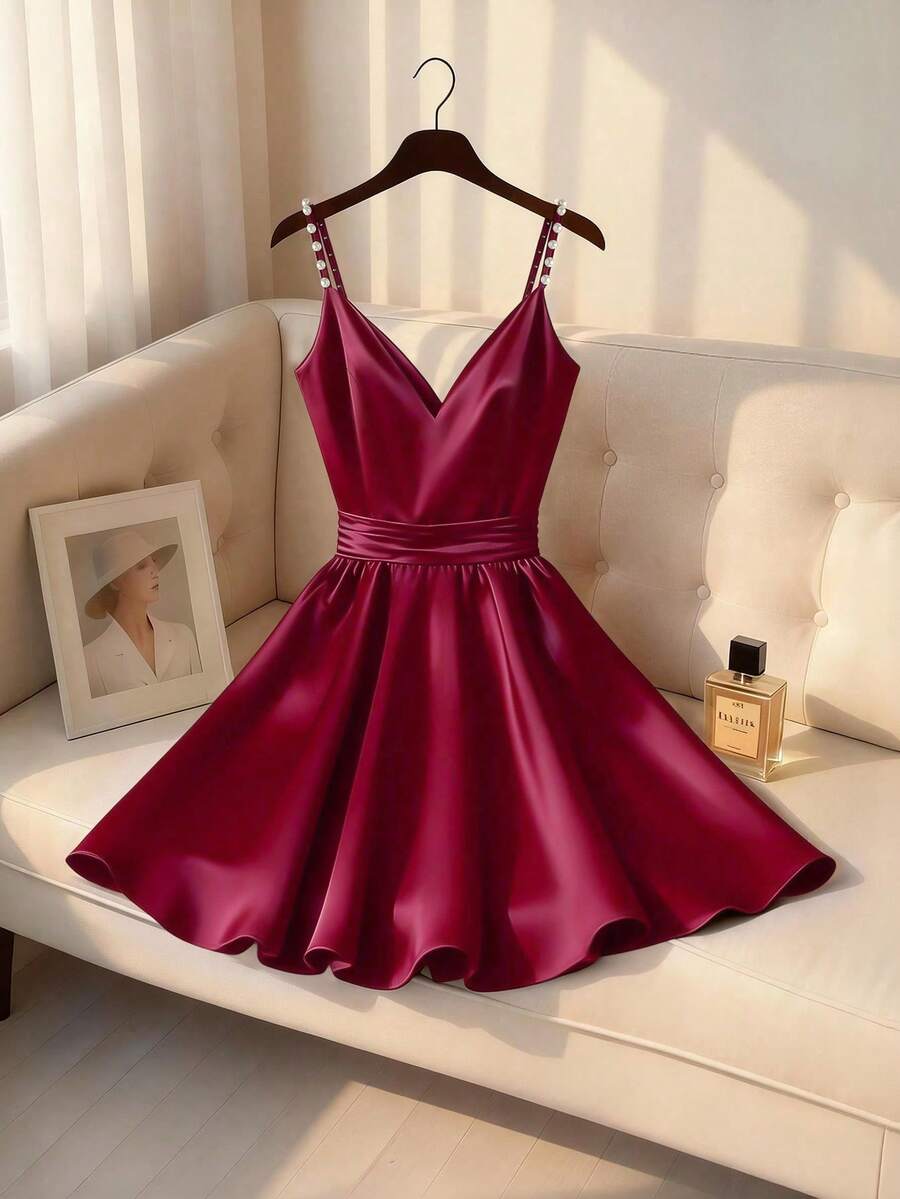 SHEIN Clasi Plus Size Women's Elegant Romantic 3D Pearl Decor Camisole Waist Slimming Short Satin Burgundy Dress, Summer - Burgundy - View 1