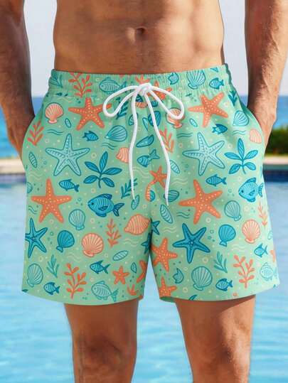 Manfinity RSRT Men's Beach Shorts With Milk Silk Lining, Starfish & Shell Minimalist Print, Suitable For Island Resort Beach Men Beachwear Turquoise Swim Trunks Men Swim Suit Vacation Men Swim Trunks