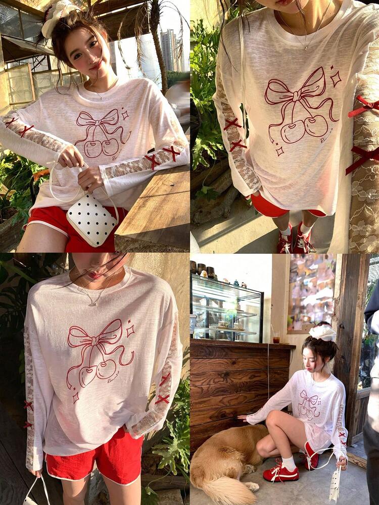 Women's Korean Style White Lace Long Sleeve Sheer Cover Up, Loose T-Shirt Top, Suitable For Early Autumn Graphic Tees Women