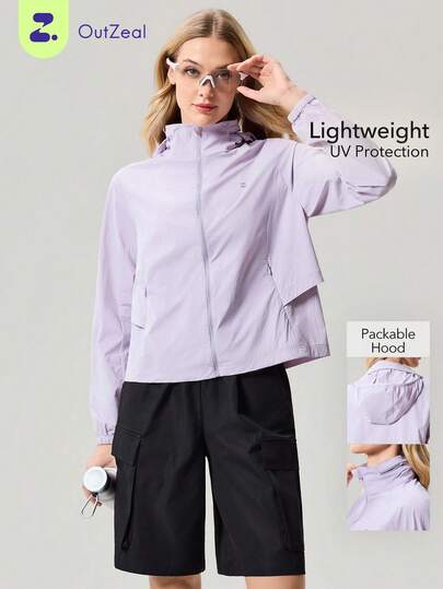OutZeal Chaqueta protectora solar para mujer, diseño casual diario con protección UV, capucha y malla en la espalda, para uso en exteriores