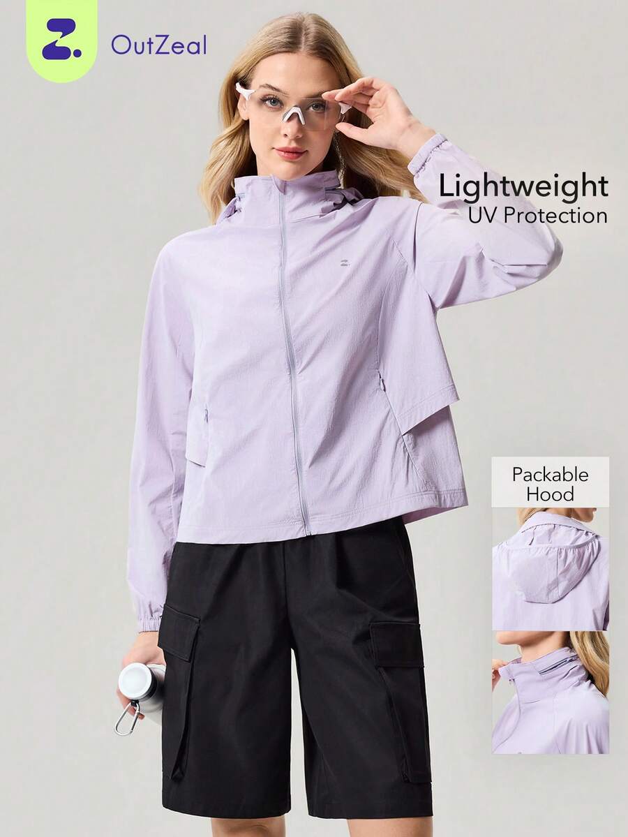 OutZeal Áo khoác chống nắng nữ, kiểu dáng thường ngày, chống tia UV, thiết kế lưới phía sau, có mũ trùm đầu, thích hợp mặc ngoài trời. - Màu tím hoa cà - Xem 1