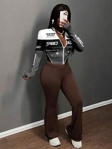 Slaydiva 简约休闲女式秋冬弹力豹纹T恤，半领拉链，V领，紧身长袖 - E - 灰色 - 查看 3