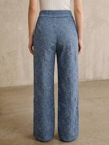 Anewsta 优雅复古蓝色花卉刺绣弹力腰直筒裤，适合度假和正式场合穿着。 - 藍色 - 查看 2