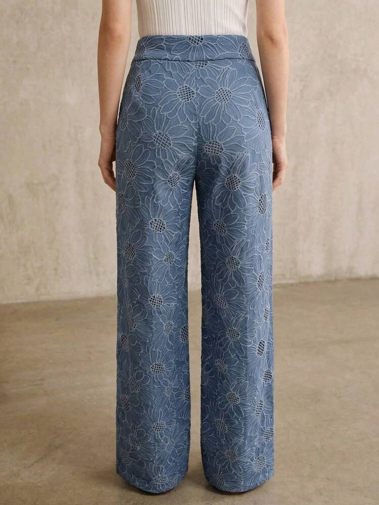 Elegant Vintage Blue Floral Embroidered Elastic Waist Straight Leg Pants, Suitable For Vacation And Formal Occasions